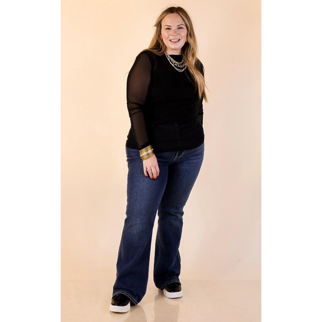 Sheer Confidence Solid Mesh Long Sleeve Top in Black