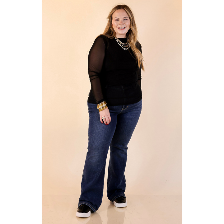 Sheer Confidence Solid Mesh Long Sleeve Top in Black