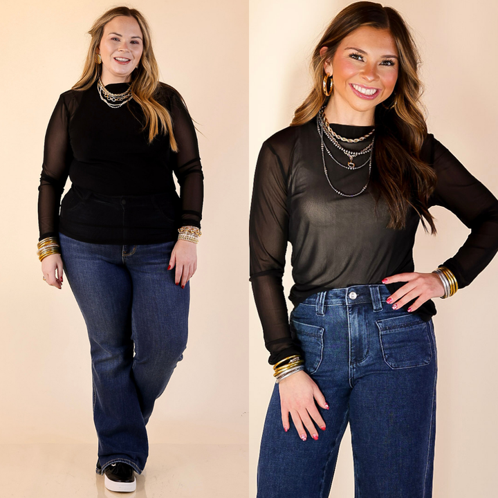 Models are wearing solid mesh long sleeve top in black and blue jeans on a beige background.