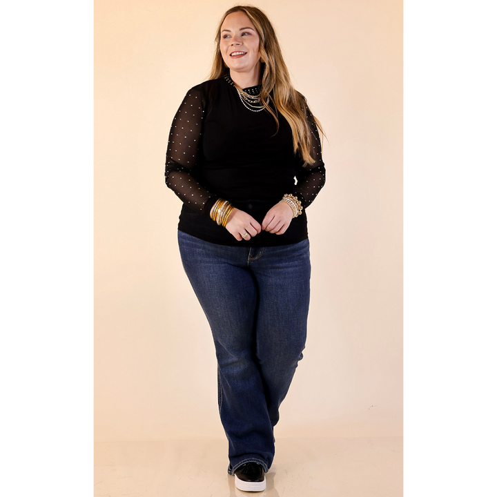 Sheer Confidence Solid Mesh Long Sleeve Top with Rhinestone Detailing in Black