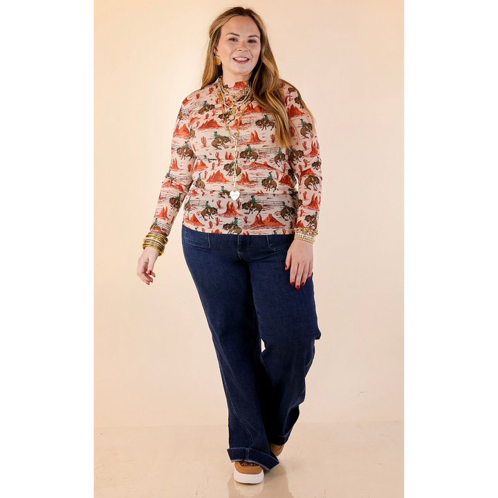 Sheer Confidence Western Red Rocks and Bronc Rider Mesh Long Sleeve Top in Cream