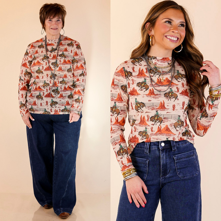 Models are wearing western red rocks and bronc rider mesh long sleeve top in cream on a beige background.