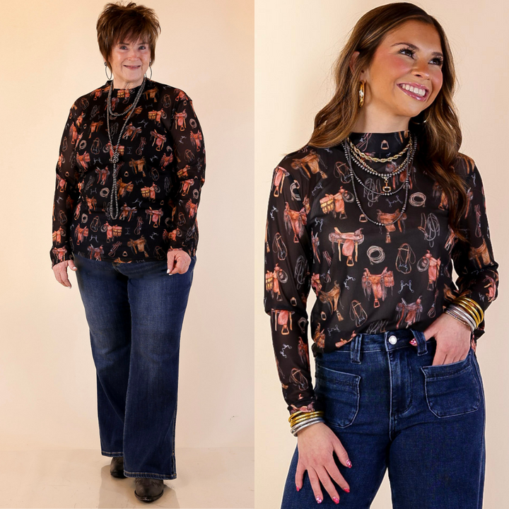 Models are wearing western saddle and bits icons mesh long sleeve top and blue jeans against a beige background.