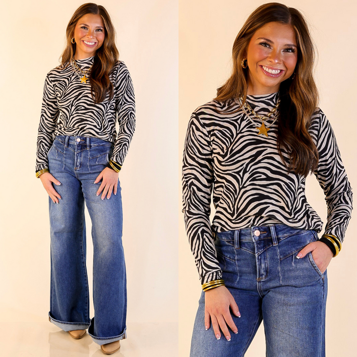 Sheer Confidence Zebra Print Mesh Long Sleeve Top in Black and Ivory