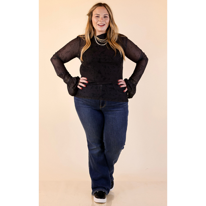 Sheer and Sophisticated Tooled Print Long Sleeve Mesh Top with Ruffle Sleeves in Black