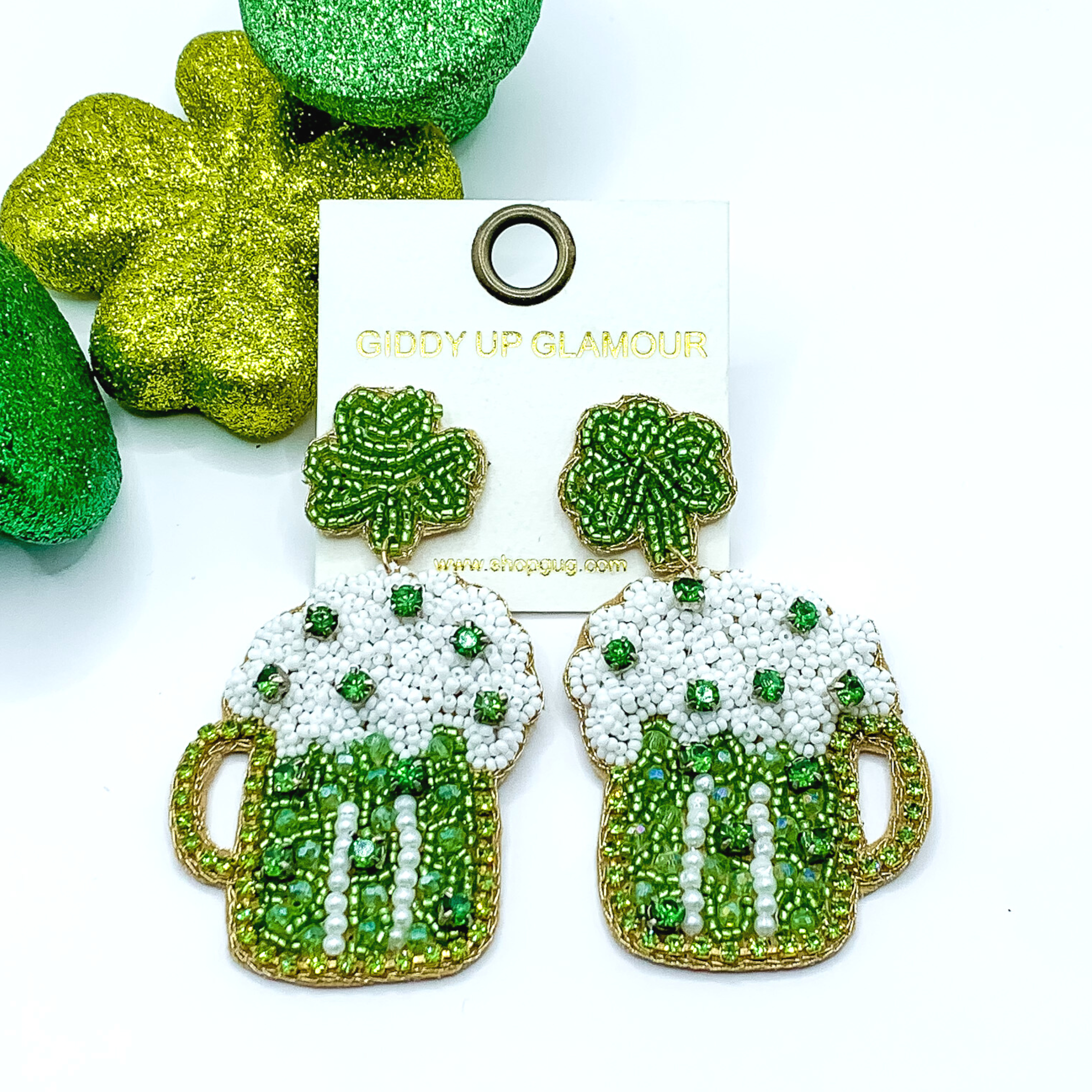 Post Back Beaded Beer Mug Earrings in Green - Giddy Up Glamour Boutique