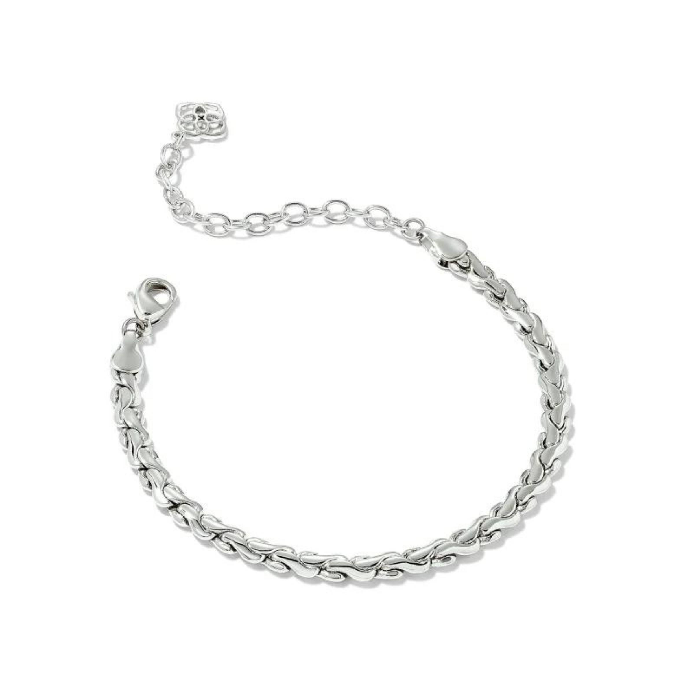 Adjustable chain bracelet in silver. This bracelet is pictured on a white background. 