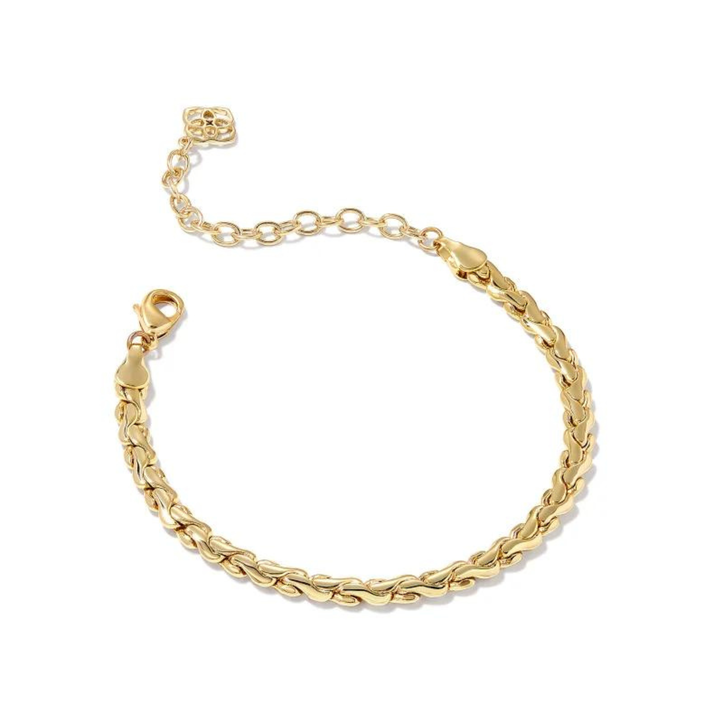 Adjustable chain bracelet in gold. This bracelet is pictured on a white background. 