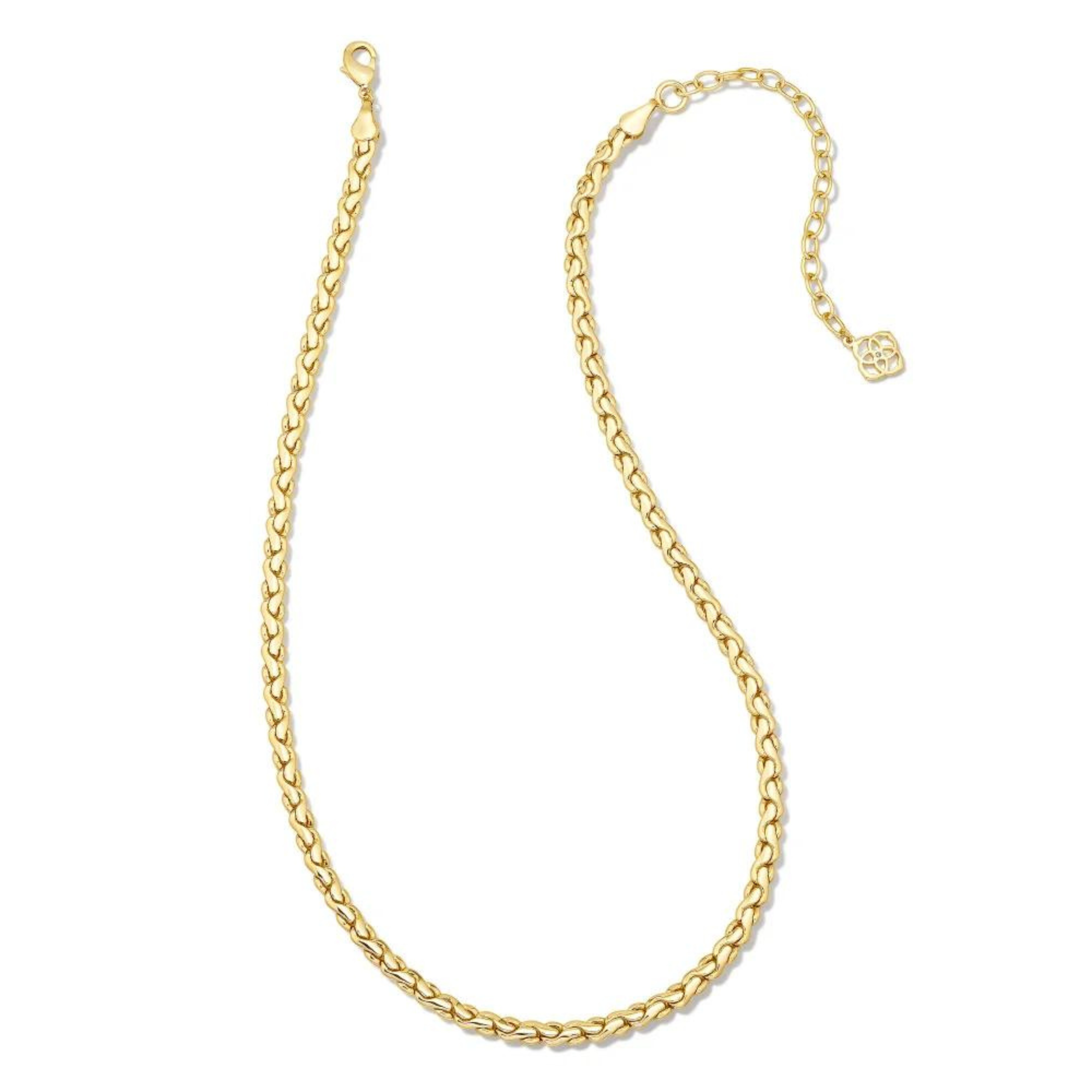 Adjustable chain necklace in gold. This necklace is pictured on a white background. 