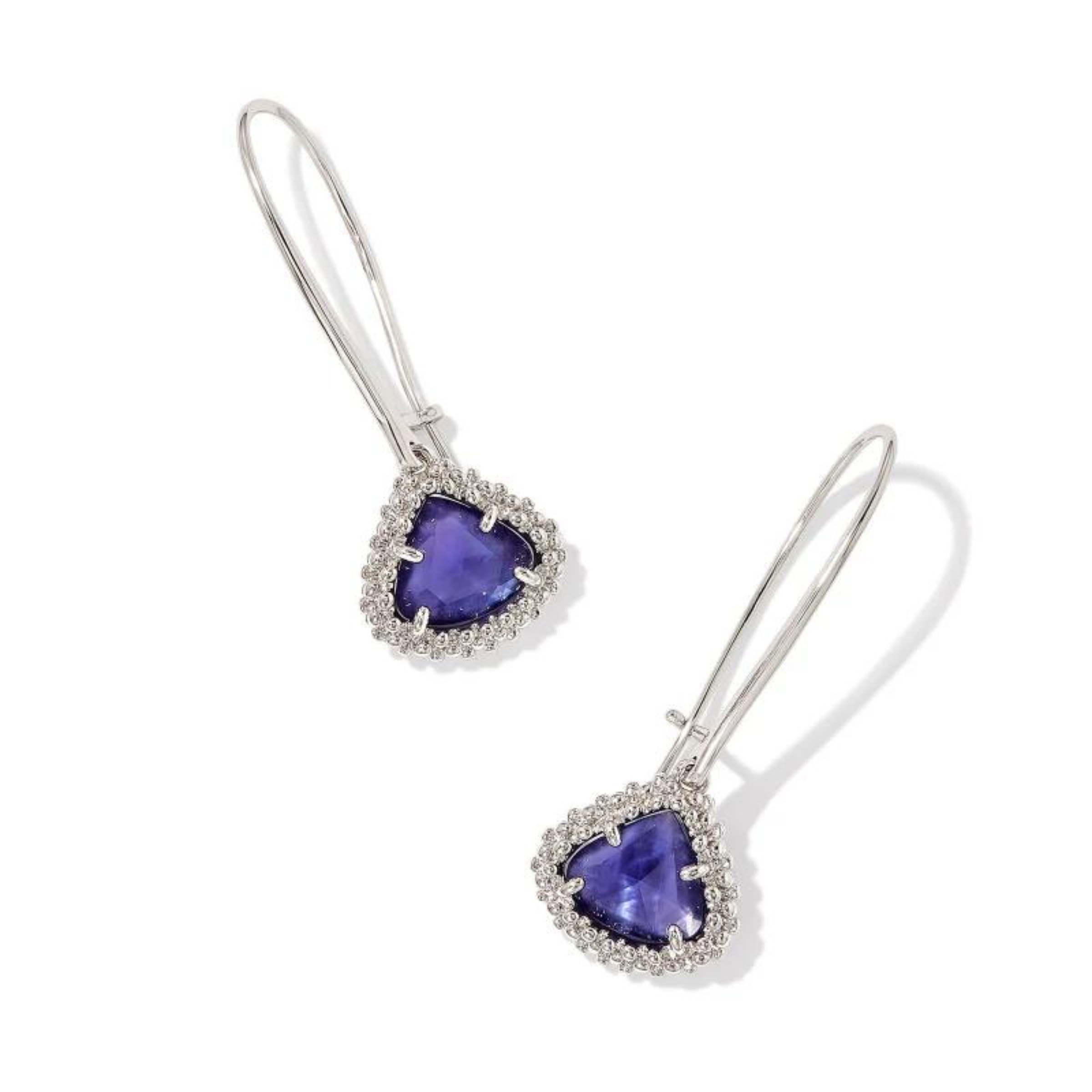 Silver, kidney wire drop earrings with a dark purple triangle crystal with a silver outline. These earrings are pictured on a white background. 