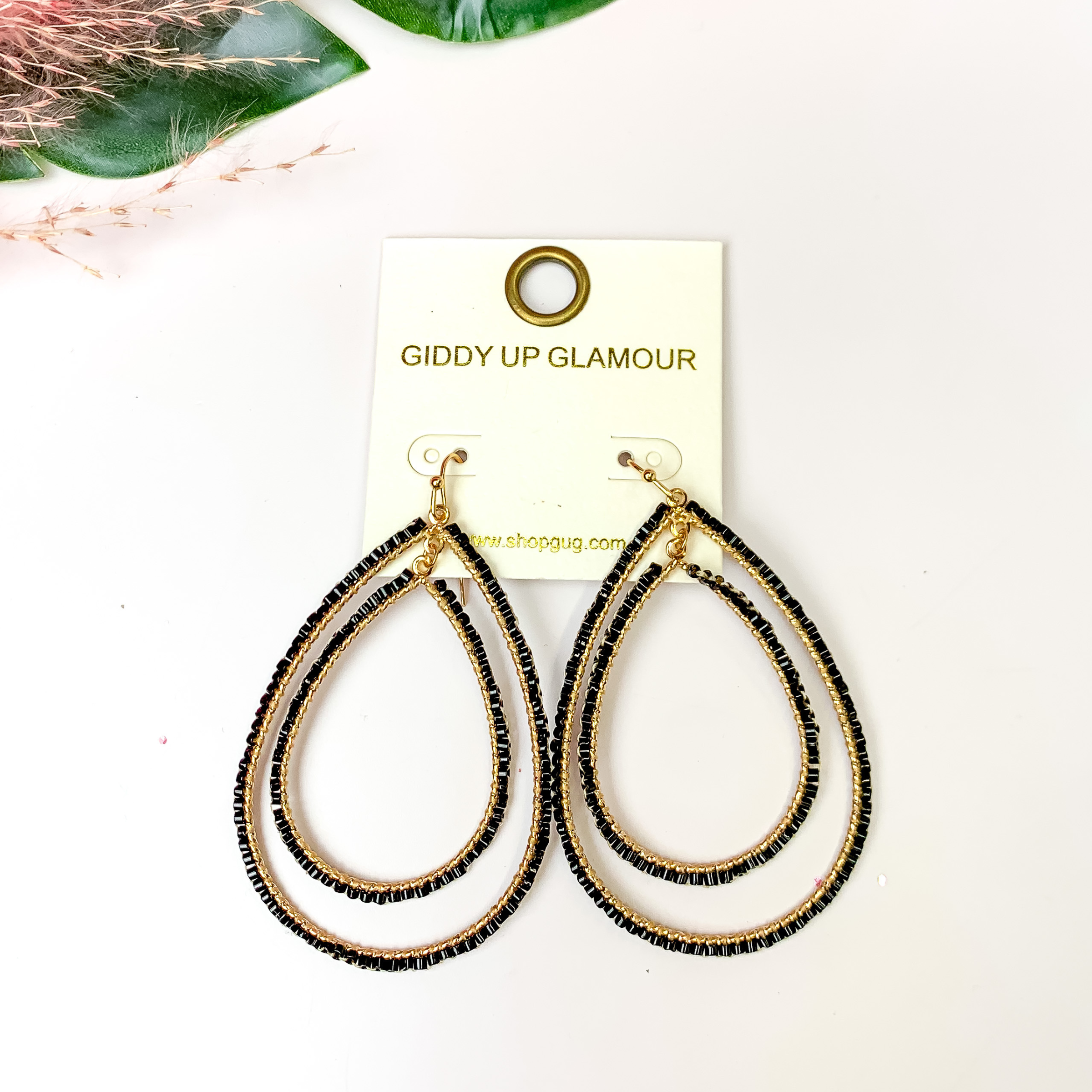 Double Open Teardrop Gold Tone Earrings with Beaded Outline in Black - Giddy Up Glamour Boutique
