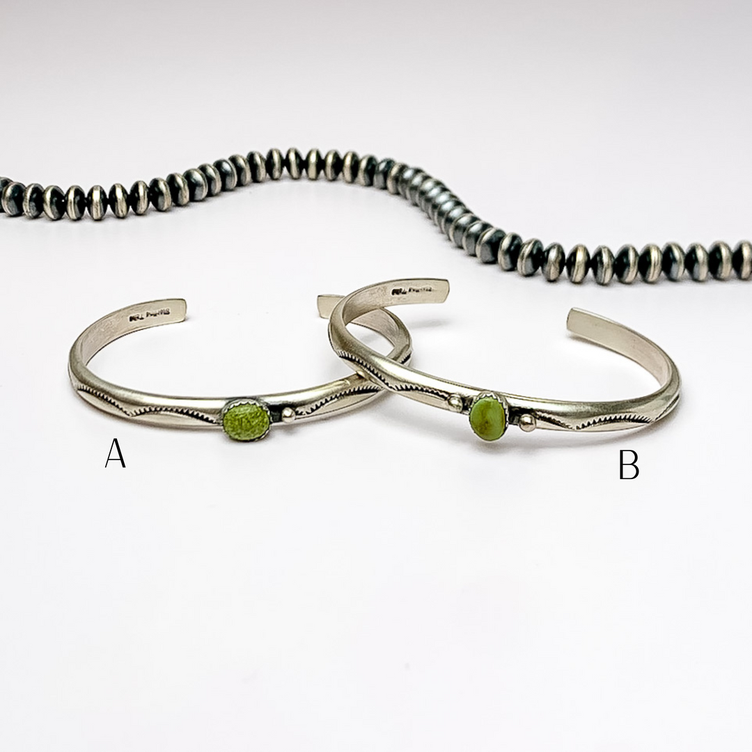 Tahe | Navajo Handmade Detailed Sterling Silver Cuff with Center Turquoise Stone - Giddy Up Glamour Boutique