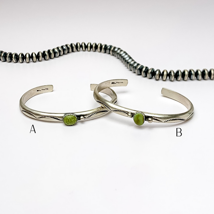 Tahe | Navajo Handmade Detailed Sterling Silver Cuff with Center Turquoise Stone - Giddy Up Glamour Boutique