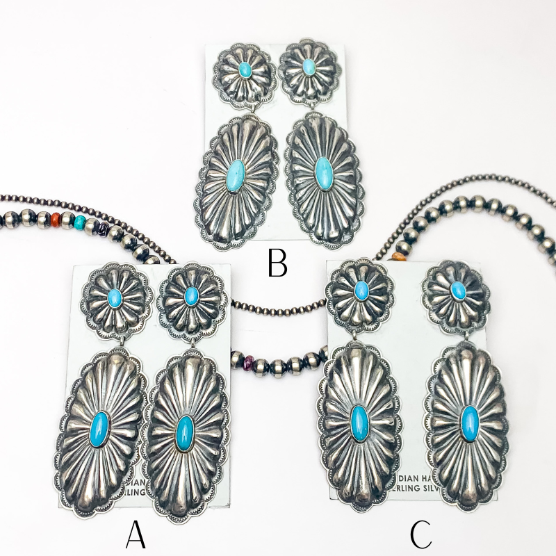 RL Begay | Navajo Handmade Sterling Silver Circle Concho Post Earrings with Oval Concho Dangle and Turquoise Stones - Giddy Up Glamour Boutique