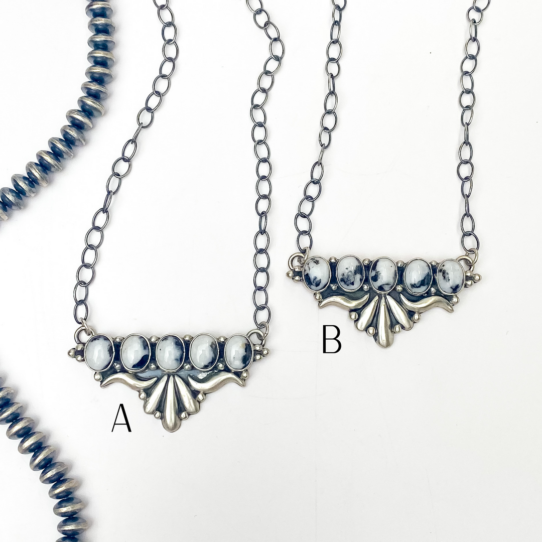 E Richards | Navajo Handmade Sterling Silver Chain Necklace with Silverwork and 5 White Buffalo Stones - Giddy Up Glamour Boutique