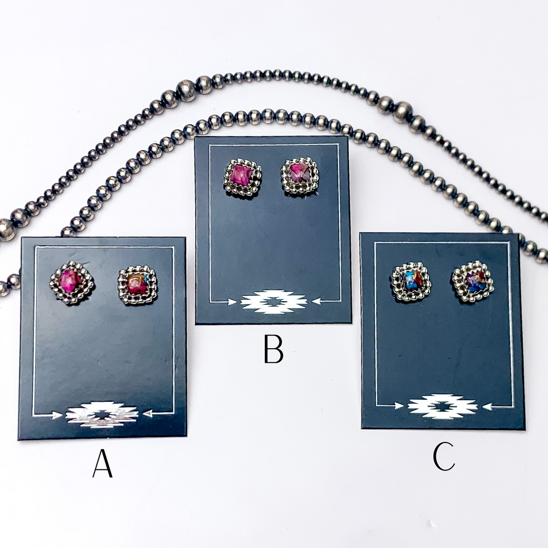 Hada Collection | Handmade Sterling Silver Square Shaped Stud Earrings with Pink Dahlia Stones - Giddy Up Glamour Boutique