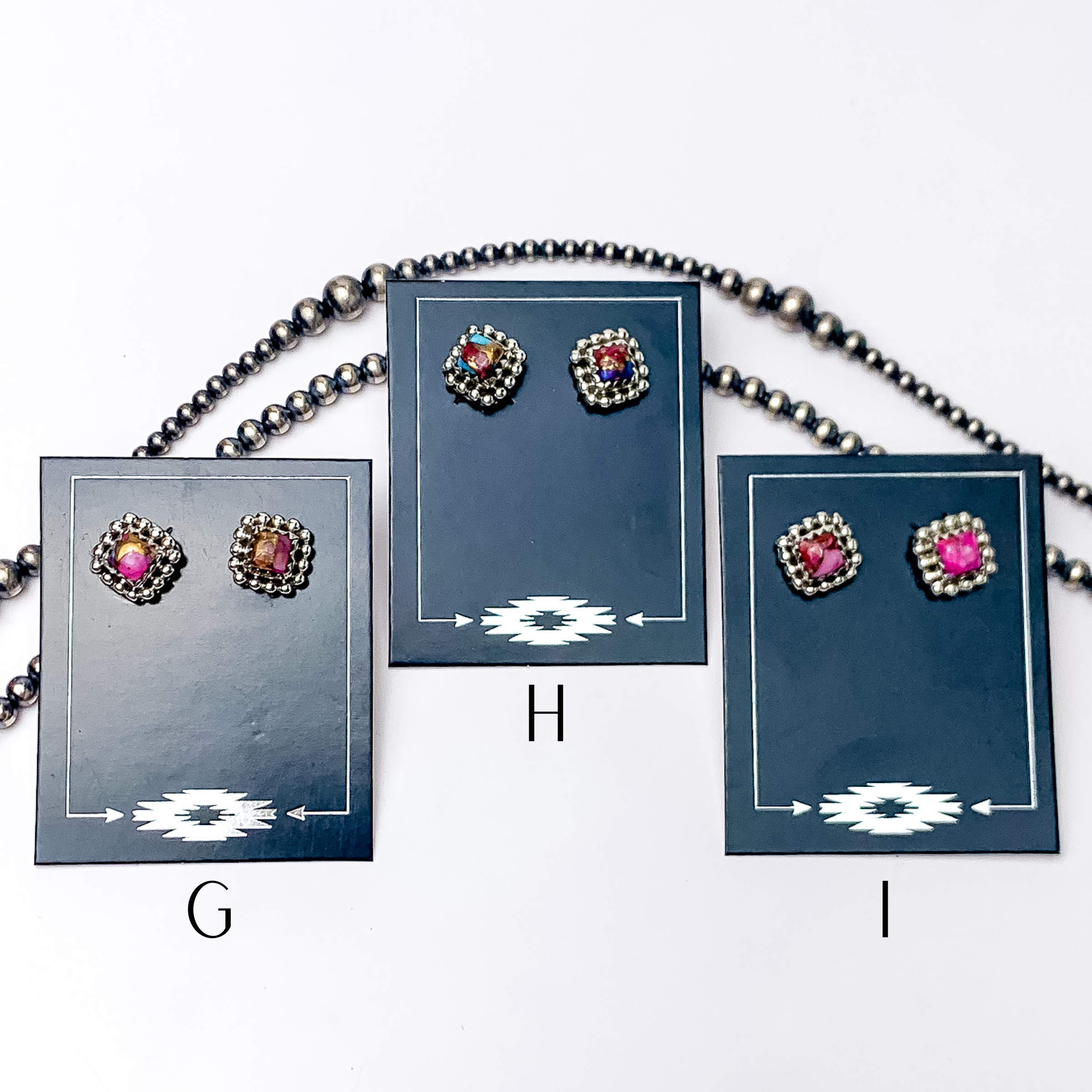 Hada Collection | Handmade Sterling Silver Square Shaped Stud Earrings with Pink Dahlia Stones - Giddy Up Glamour Boutique