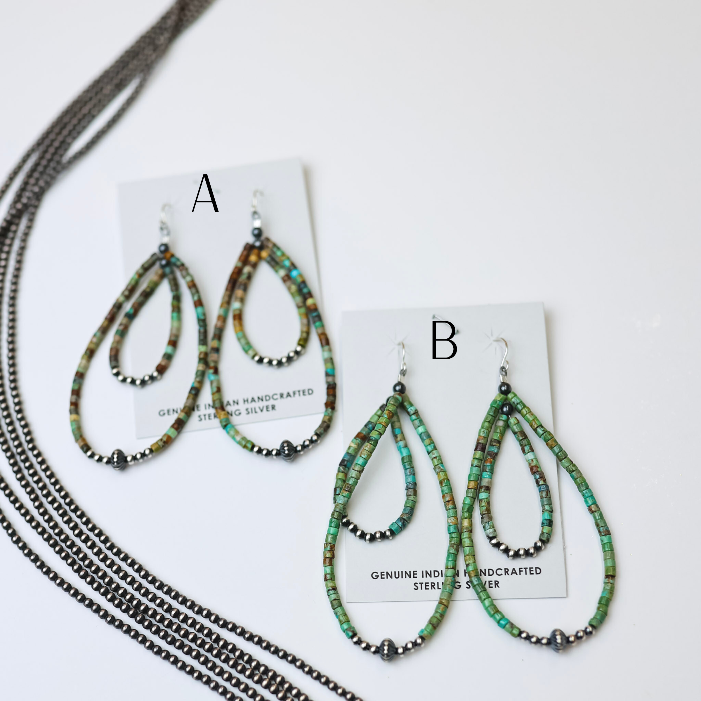 Navajo | Navajo Handmade Double Layered Turquoise Beaded Teardrop Earrings with Sterling Silver Navajo Pearls