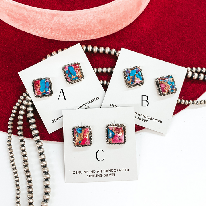 Freda Martinez | Navajo Handmade Sterling Silver and Purple Dahlia Remix Square Stud Earrings - Giddy Up Glamour Boutique