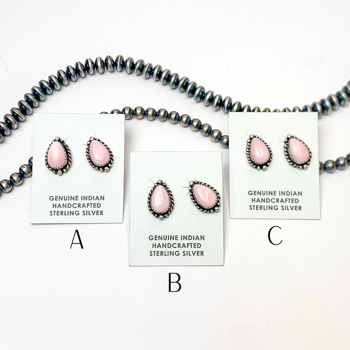 Freda Martinez | Navajo Handmade Sterling Silver Teardrop Earrings with Pink Conch Stones - Giddy Up Glamour Boutique