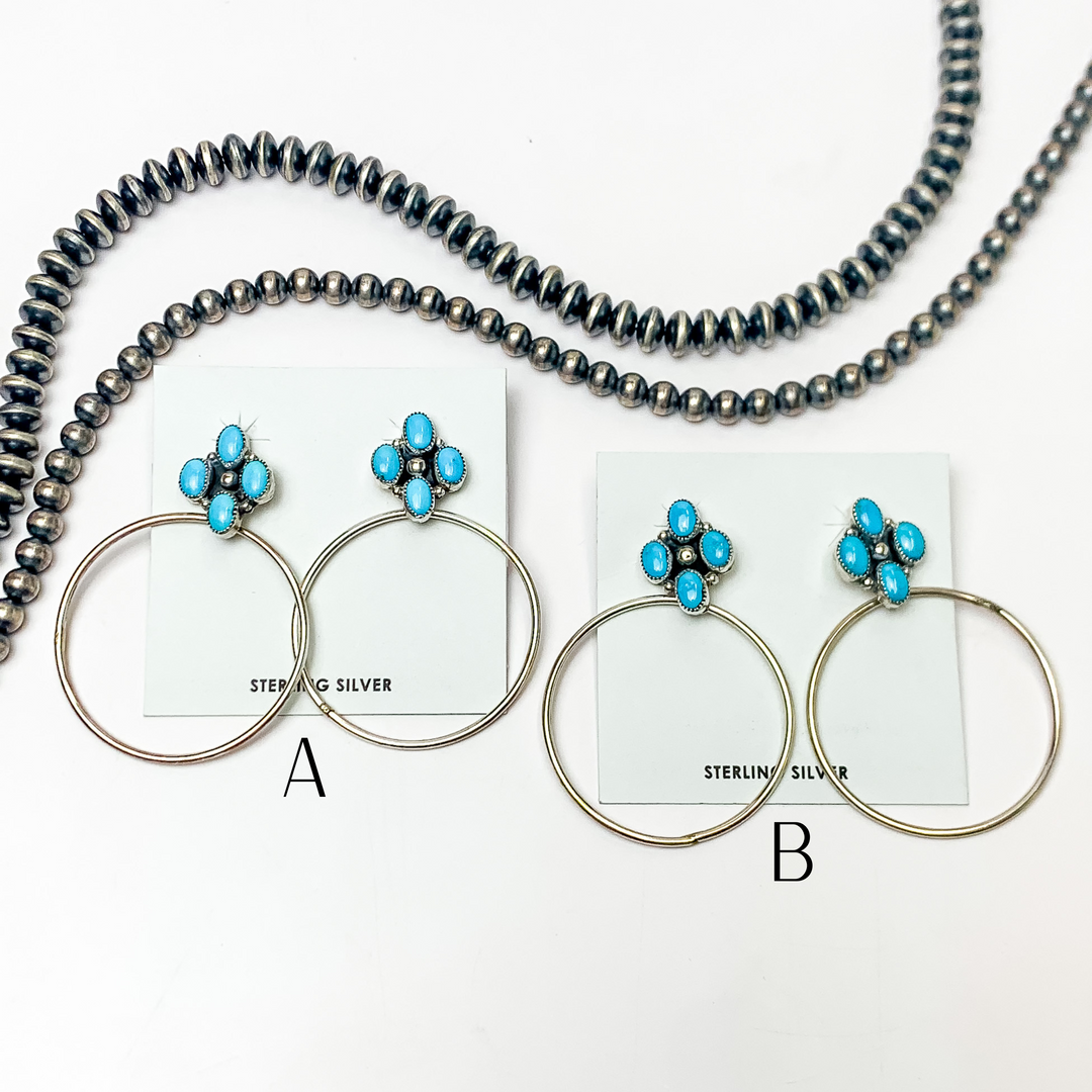 Anthony Skeets | Navajo Handmade Sterling Silver Hoop Earrings with Four Stone Sleeping Beauty Turquoise Cluster Studs - Giddy Up Glamour Boutique