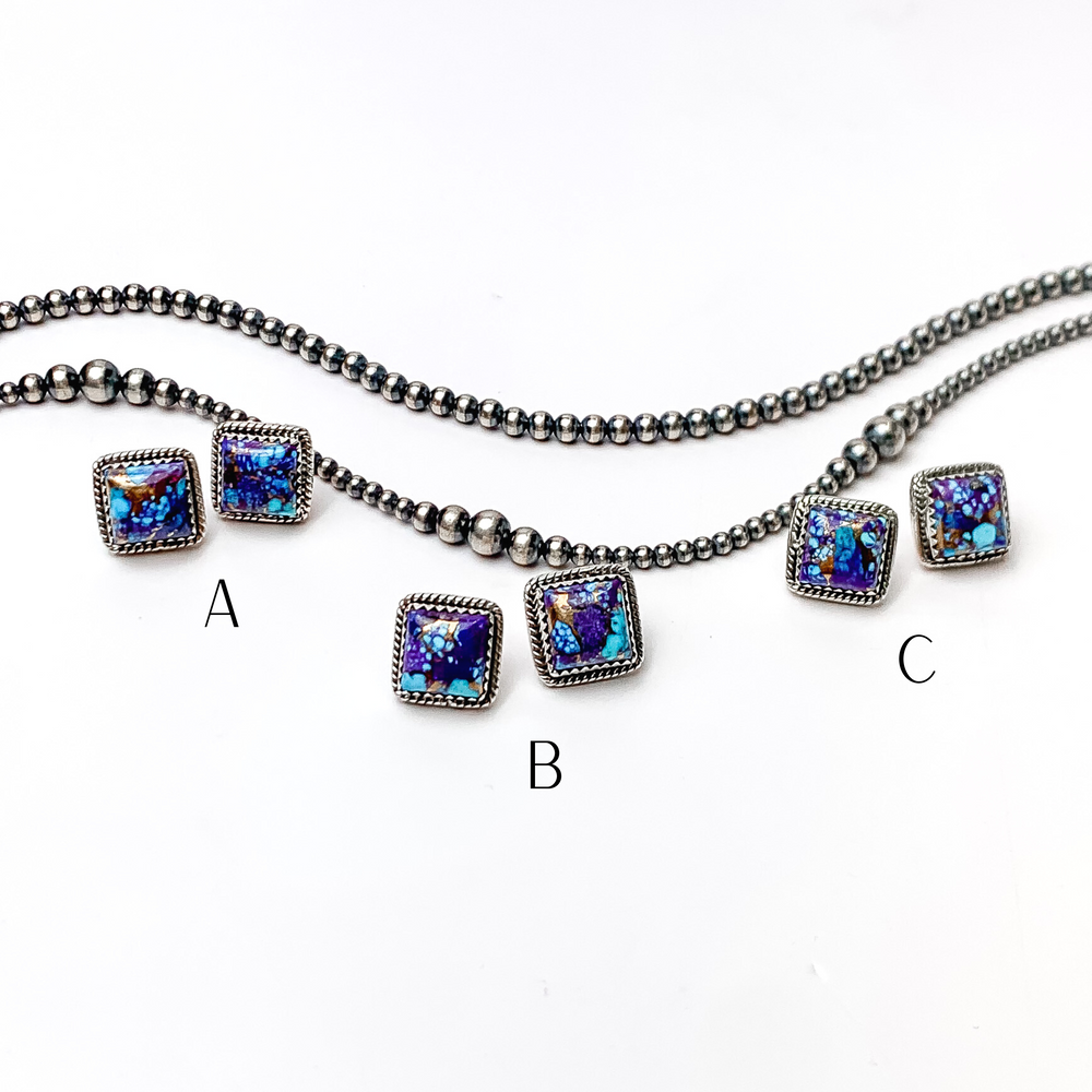 Hada Collection | Handmade Sterling Silver Square Stud Earrings with Purple Mojave Remix Stones - Giddy Up Glamour Boutique