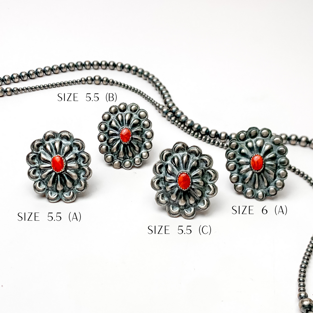 Tim Yazzie | Navajo Handmade Sterling Silver Concho Ring with Red Spiny Oyster Stone - Giddy Up Glamour Boutique