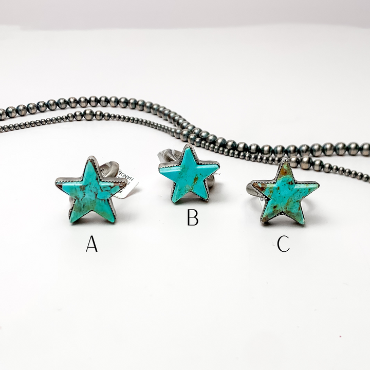 Robert Shakey | Navajo Handmade Adjustable Sterling Silver and Kingman Turquoise Star Ring - Giddy Up Glamour Boutique