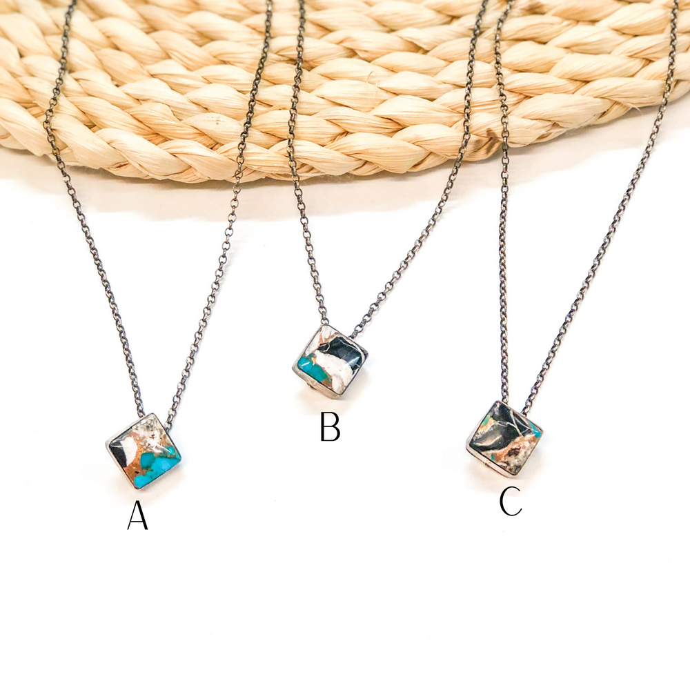 Vernon Kee | Navajo Handmade Sterling Silver Chain Necklace with White Buffalo, Turquoise, and Black Mix Square Pendant - Giddy Up Glamour Boutique