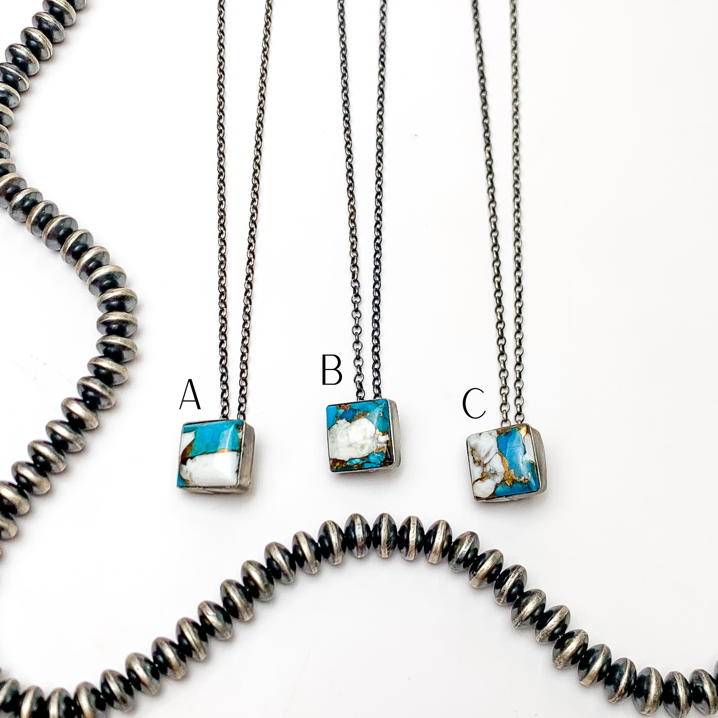 Vernon Kee | Navajo Handmade Sterling Silver Chain Necklace with Multi Spiny Turquoise Square Pendant - Giddy Up Glamour Boutique