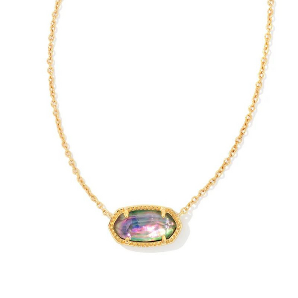 Pictured on a white background is a gold chain necklace with a lilac abalone pendant. 
