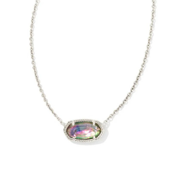 Pictured on a white background is a silver chain necklace with a lilac abalone pendant. 