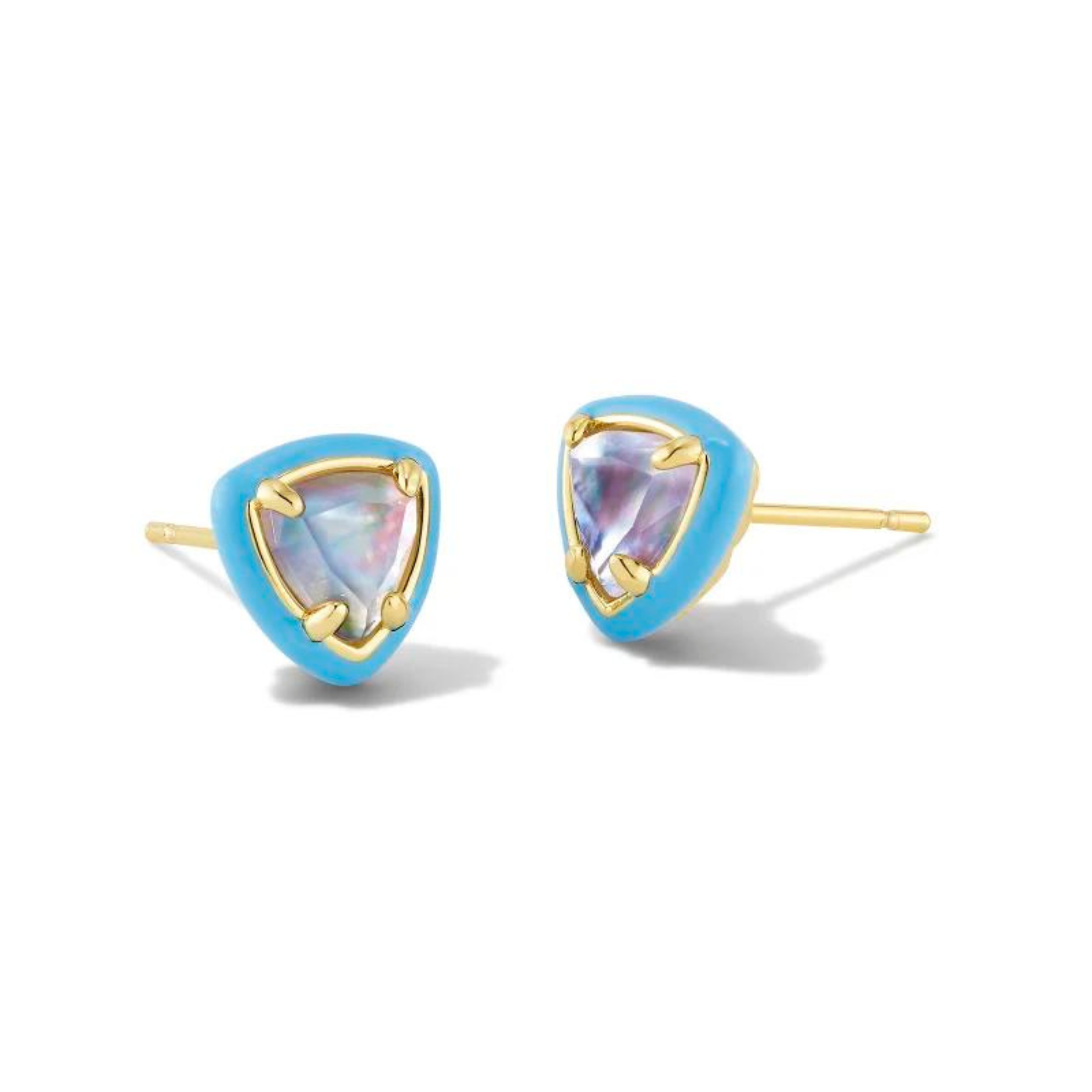 Light blue framed earrings with a center stone and a gold ear post. These earrings are pictured on a white background. 