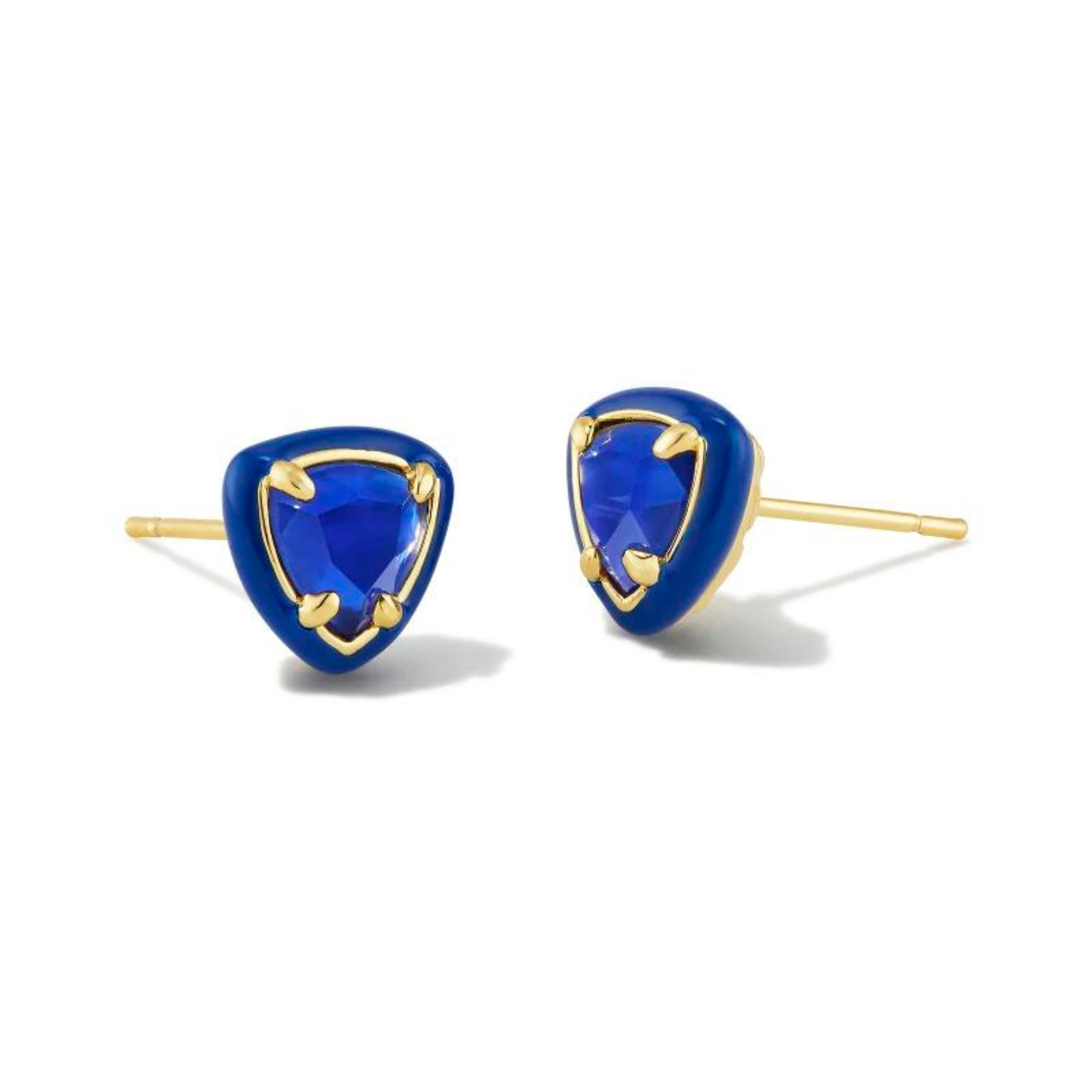 Cobalt blue framed, triangle shaped stud earrings with a center blue stone and a gold ear post. These earrings are pictured on a white background. 
