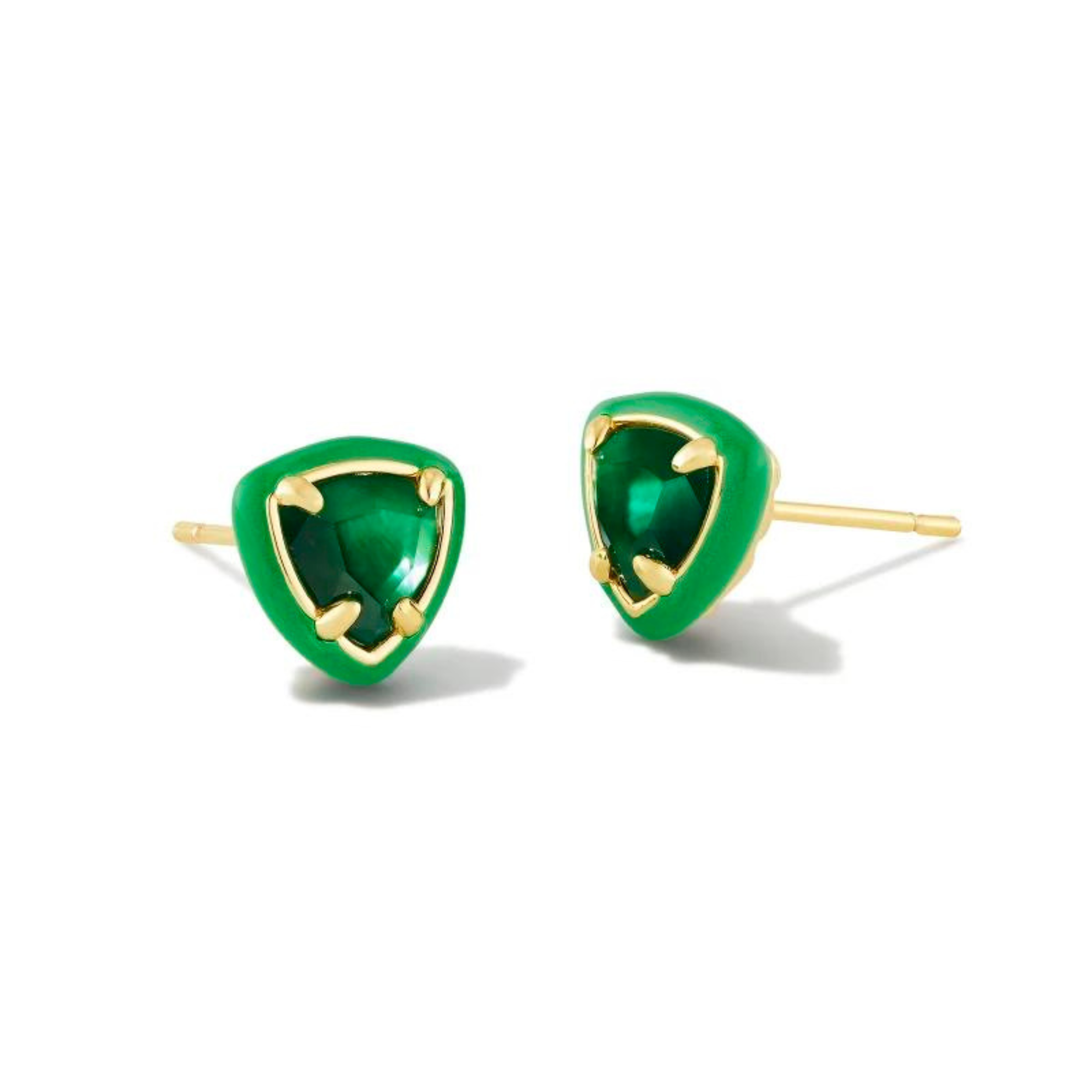 Green framed, triangle shaped stud earrings with a center green stone and a gold ear post. These earrings are pictured on a white background. 
