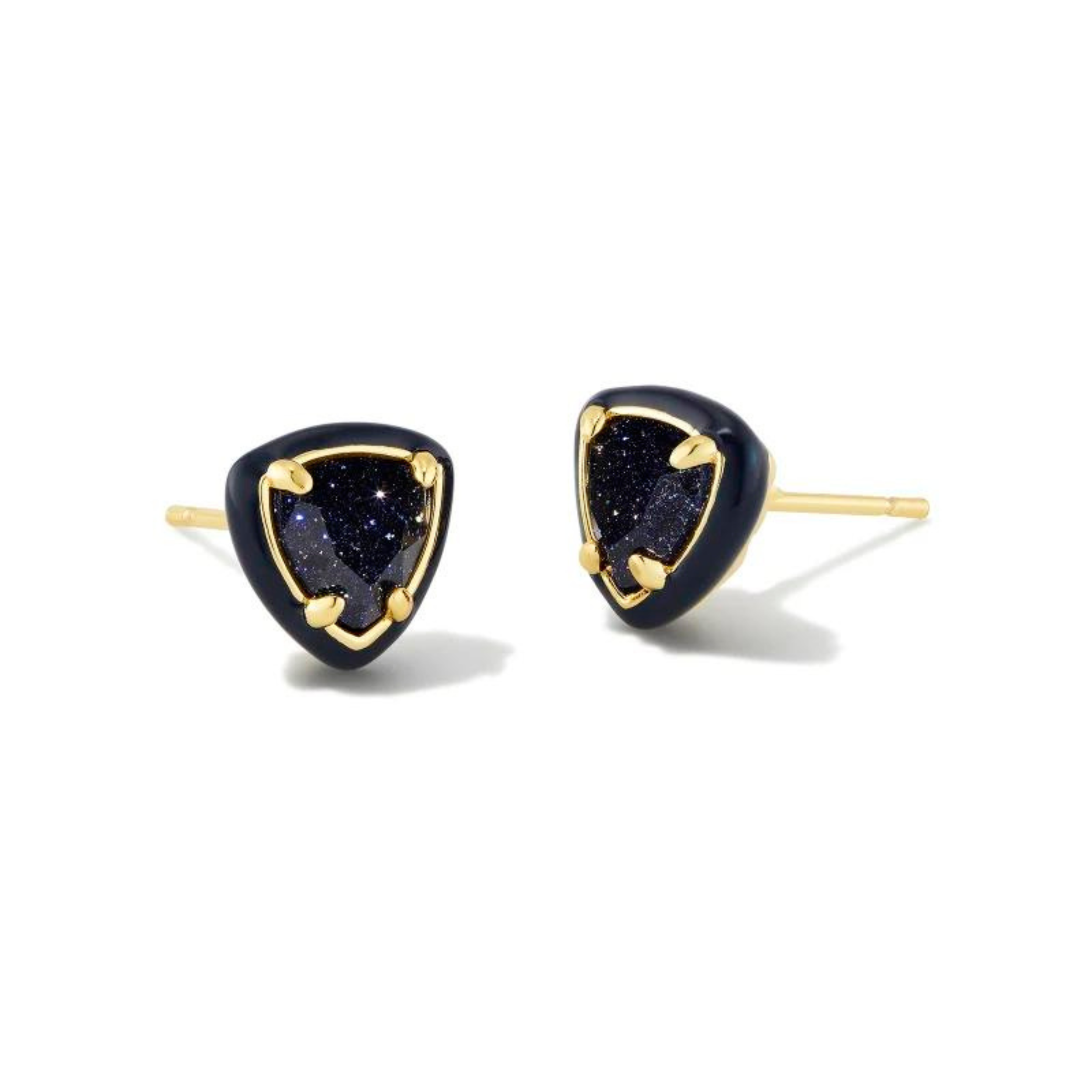 Navy framed, triangle shaped stud earrings with a center navy stone and a gold ear post. These earrings are pictured on a white background. 