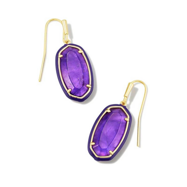 Purple framed, oval shaped drop earrings with a center purple stone and a gold fish hook earring. These earrings are pictured on a white background. 