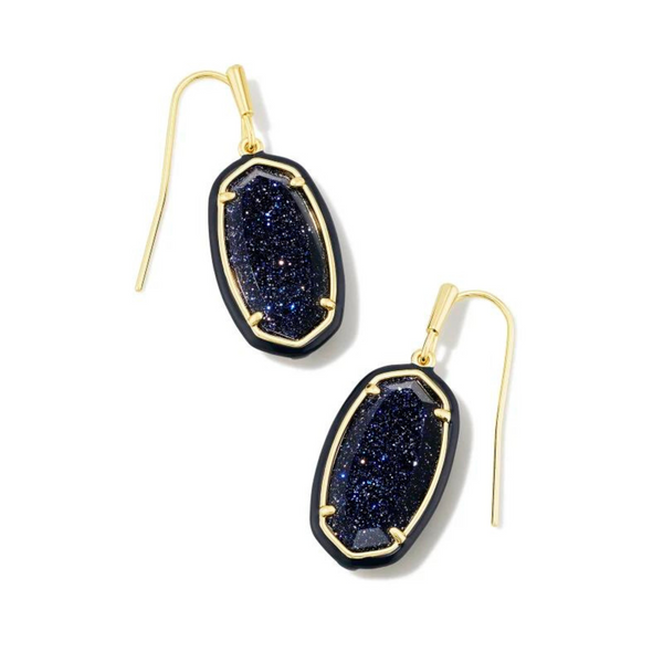 Navy framed, oval shaped drop earrings with a center navy stone and a gold fish hook earring. These earrings are pictured on a white background. 