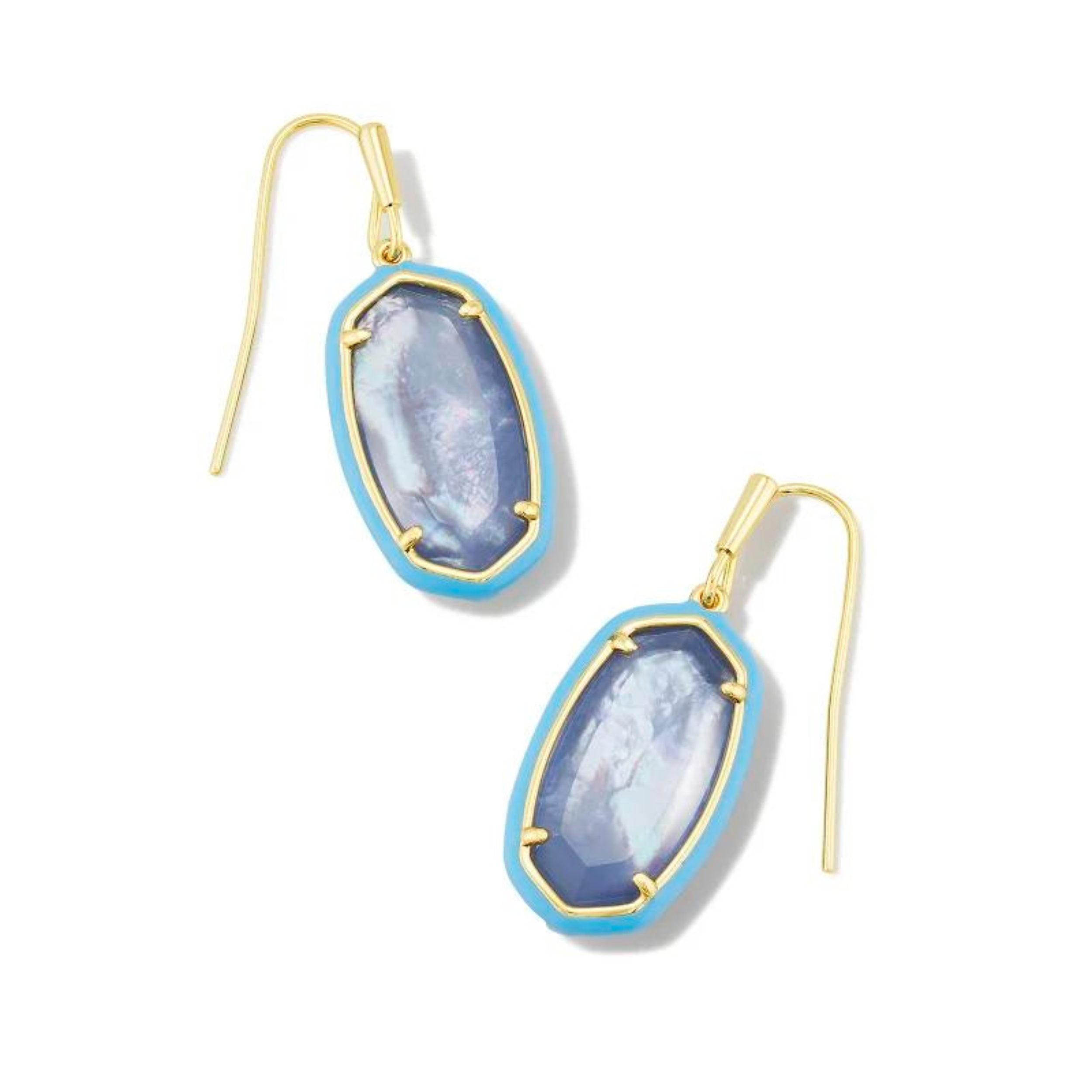 Light blue framed, oval shaped drop earrings with a center light blue stone and a gold fish hook earring. These earrings are pictured on a white background. 