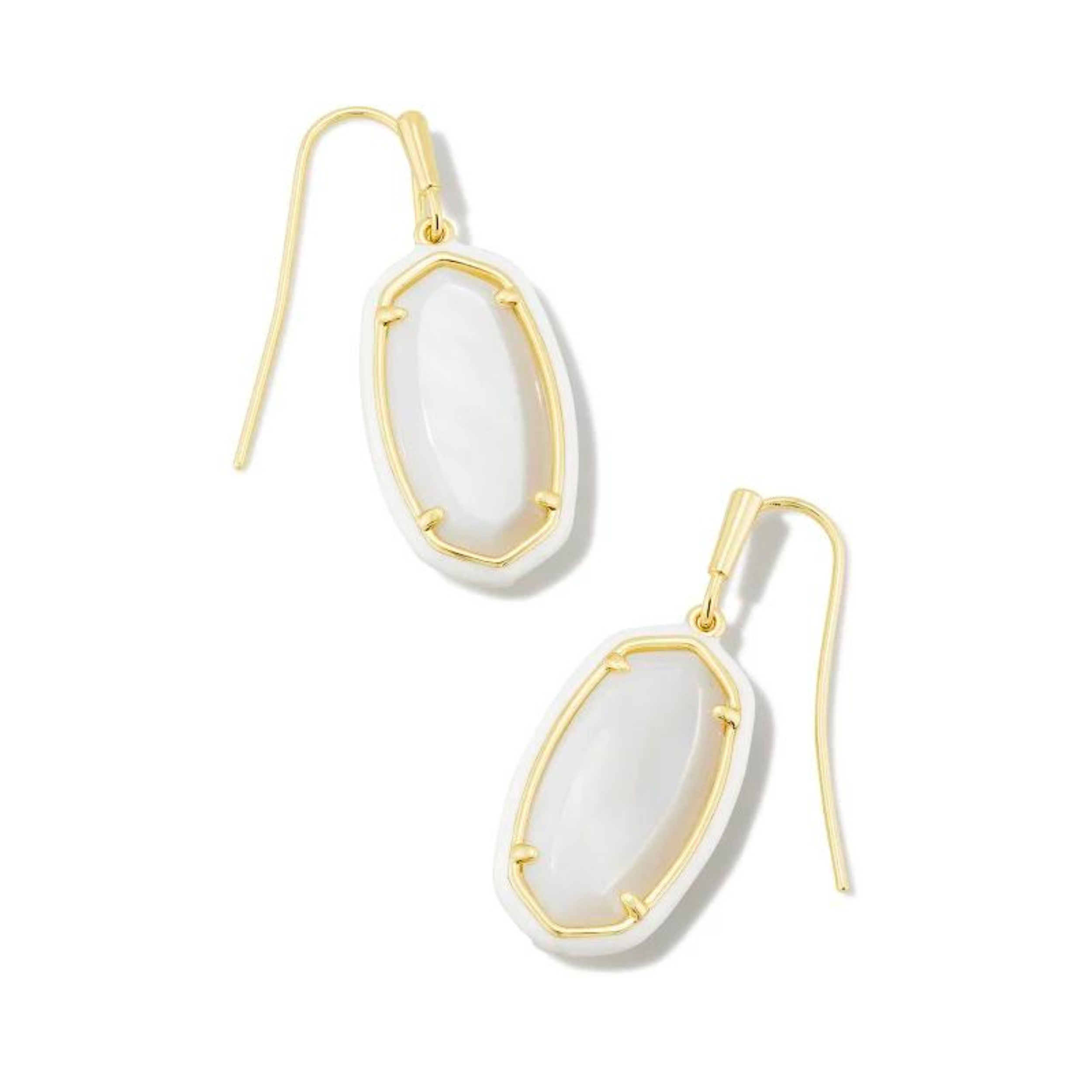 White framed, oval shaped drop earrings with a center white stone and a gold fish hook earring. These earrings are pictured on a white background. 