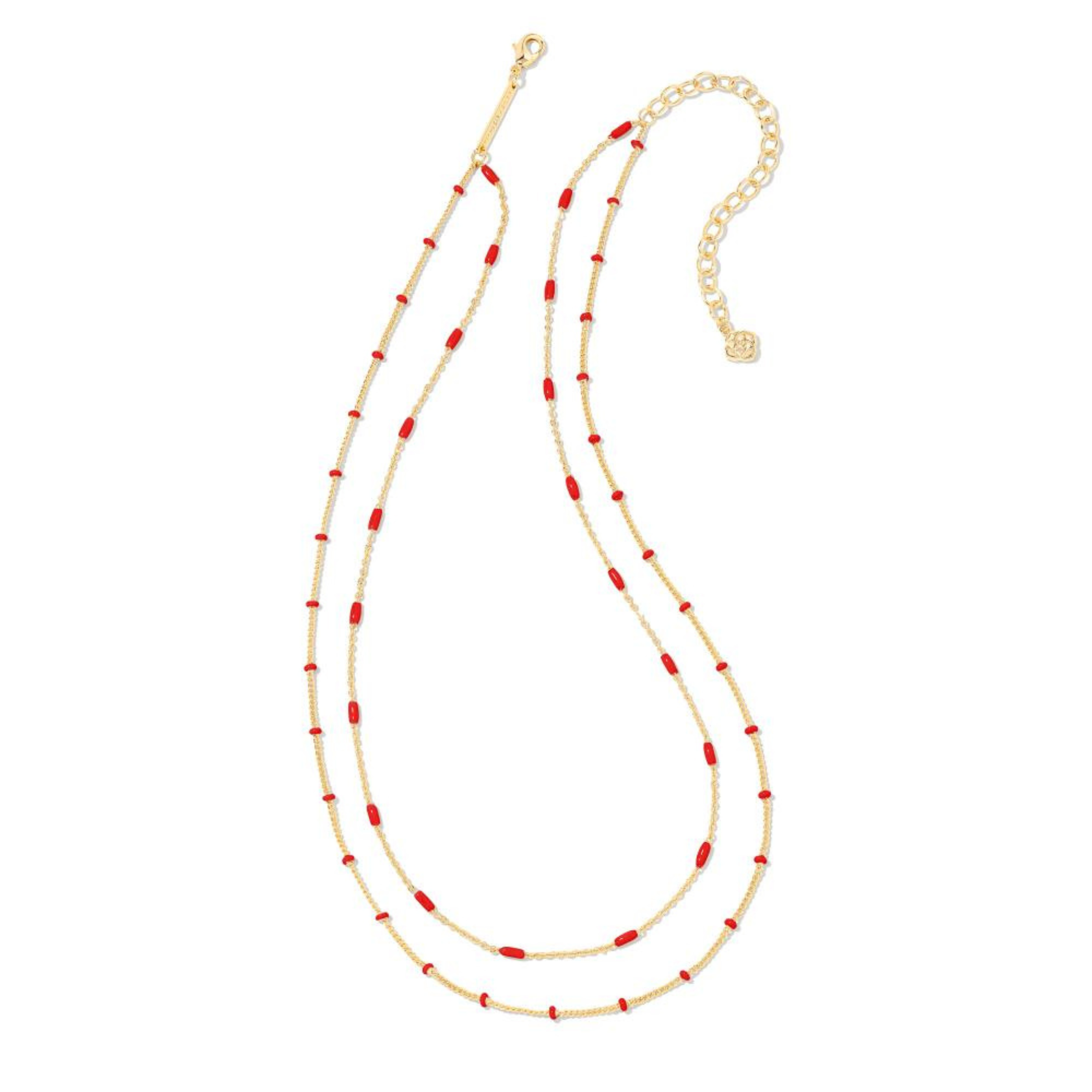 Two strand, adjustable chain necklace with red enamel spacers. This necklace is pictured on a white background. 