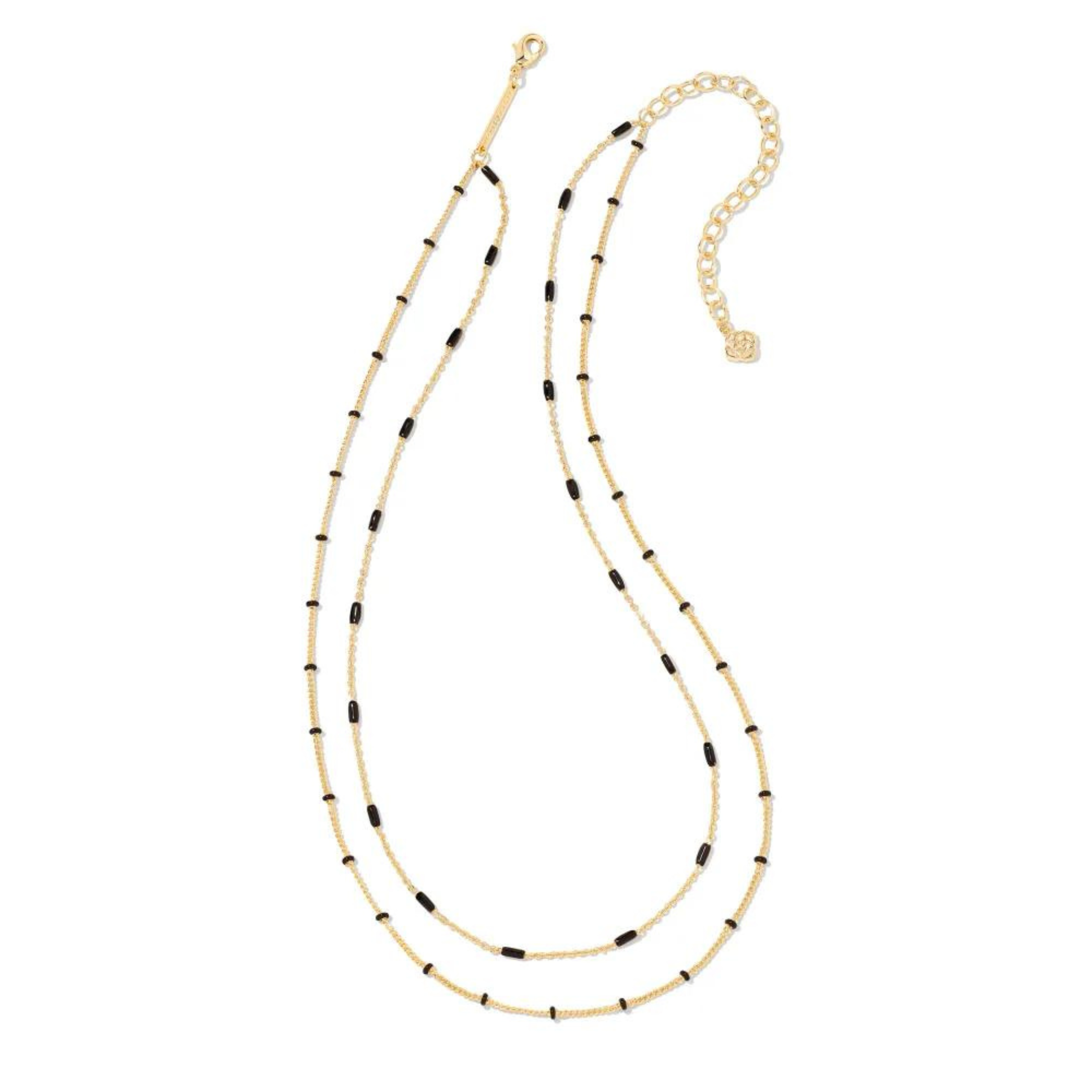 Two strand, adjustable chain necklace with black enamel spacers. This necklace is pictured on a white background. 