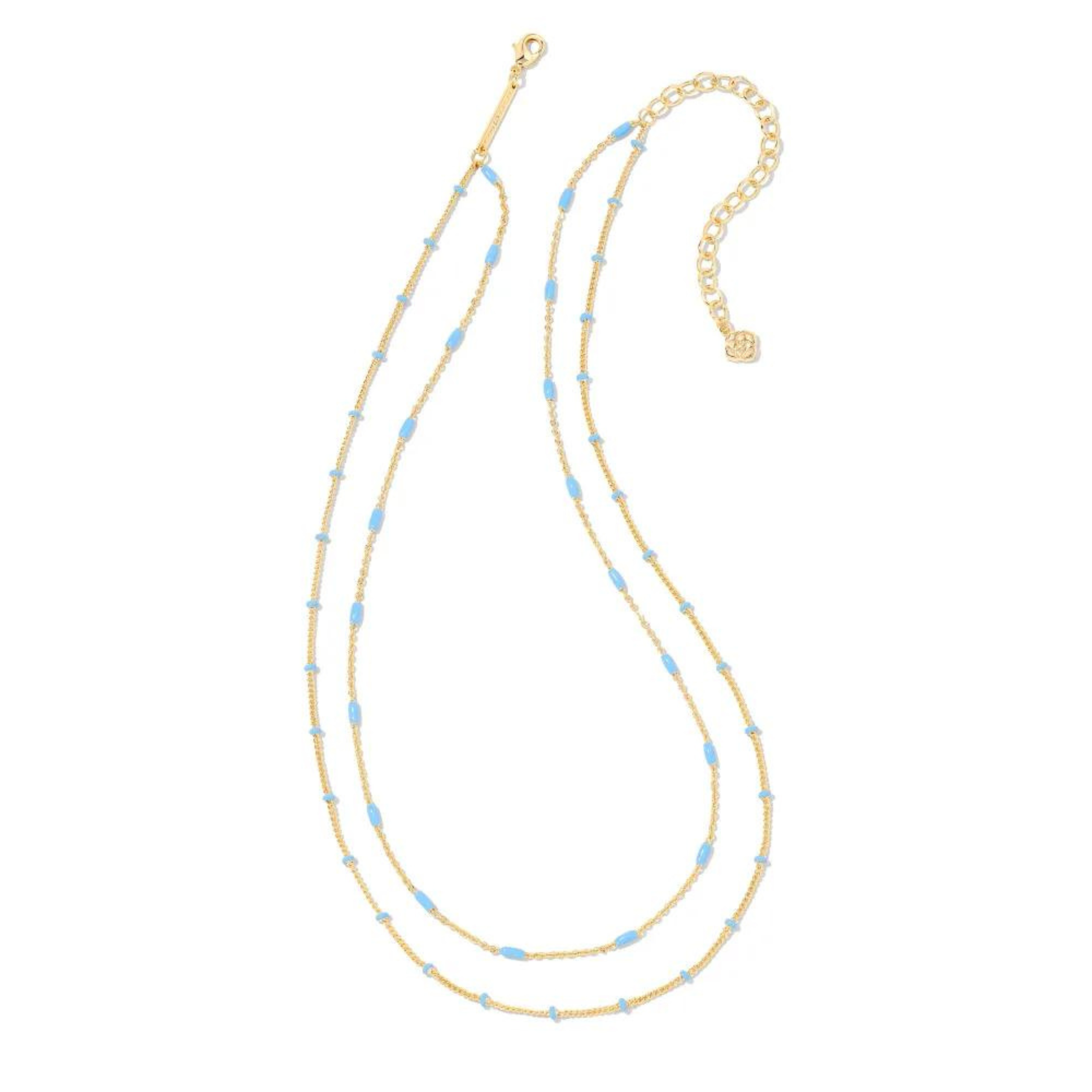 Two strand, adjustable chain necklace with periwinkle enamel spacers. This necklace is pictured on a white background. 