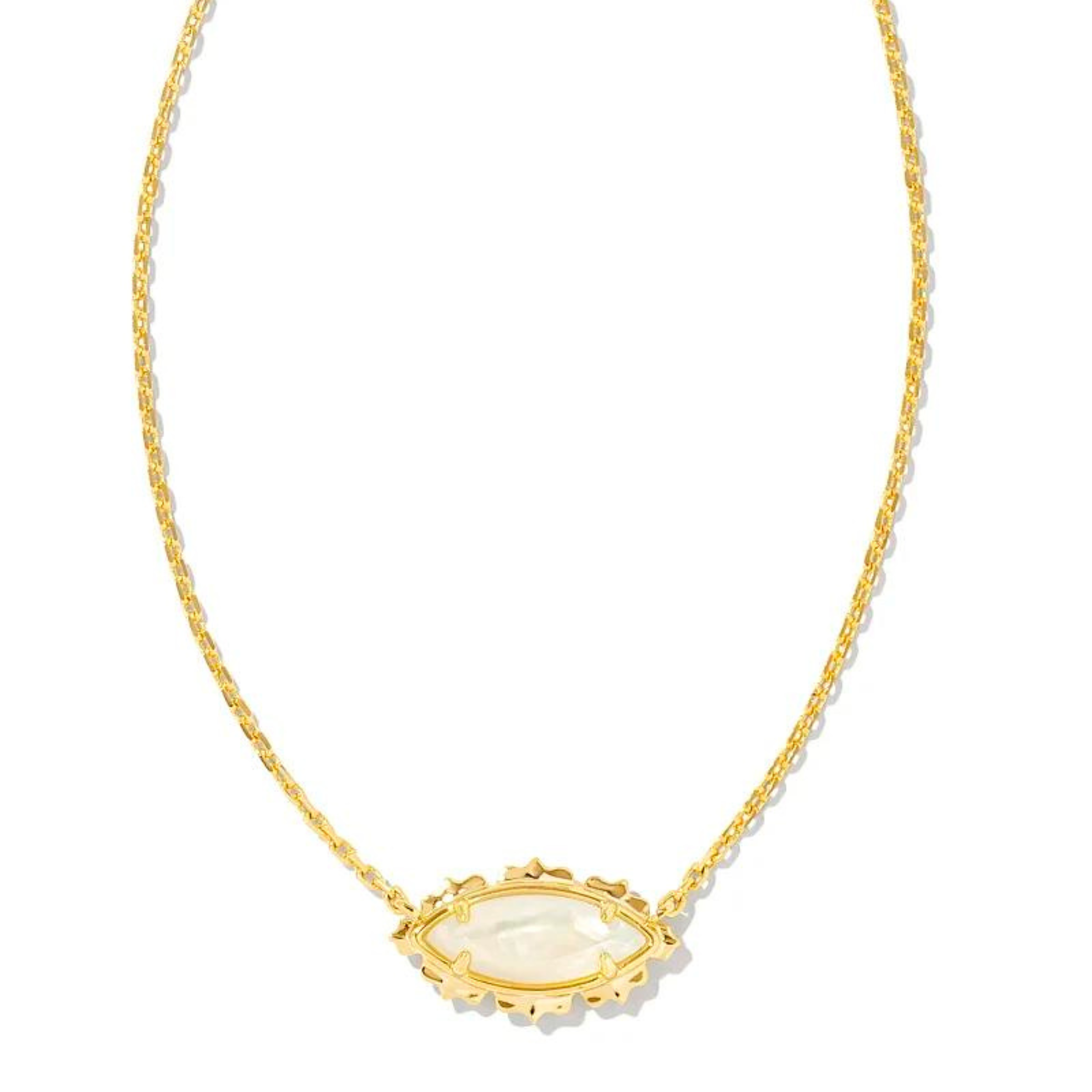 Gold chain necklace with a mother of pearl crystal oval pendant. This necklace is pictured on a white background. 