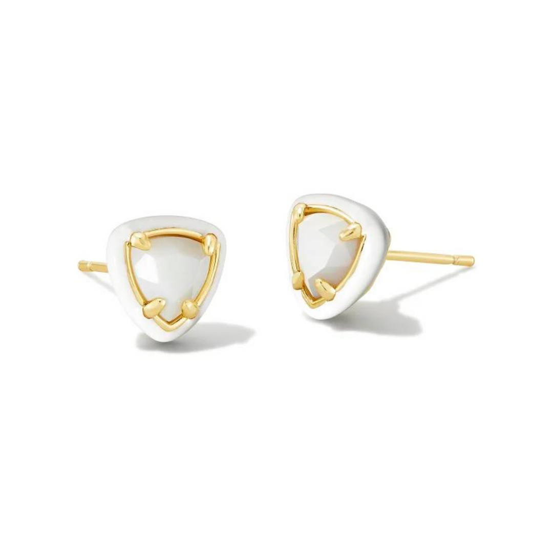 White framed, triangle shaped stud earrings with a center white stone and a gold ear post. These earrings are pictured on a white background.