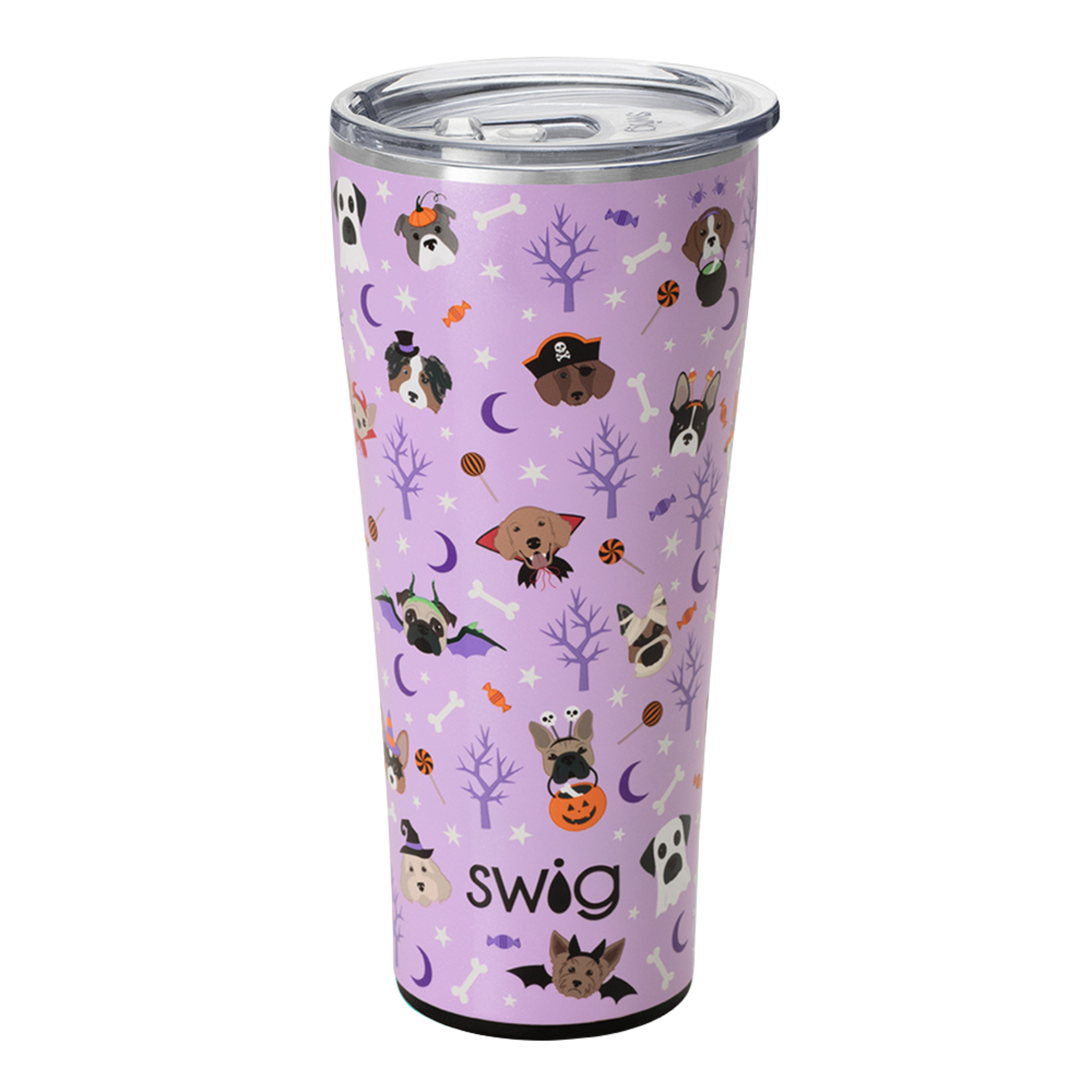 Howl-o-ween 32 ooz tumbler cup. This cup is purple with halloween themed dog decorations. The cup is pictured on a white background