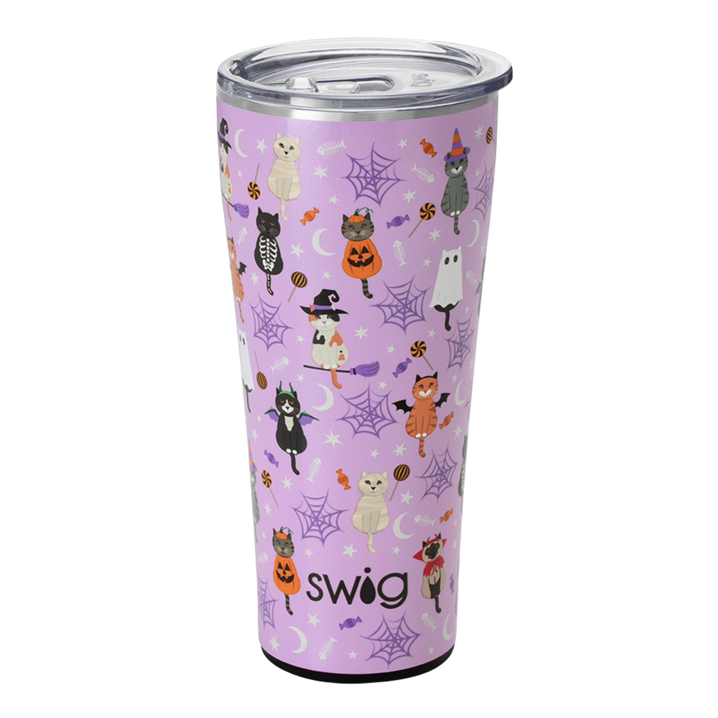 Scaredy cat halloween 32 oz tumbler. The cup is purple with Halloween themed cat decorations. The background of the picture is white.