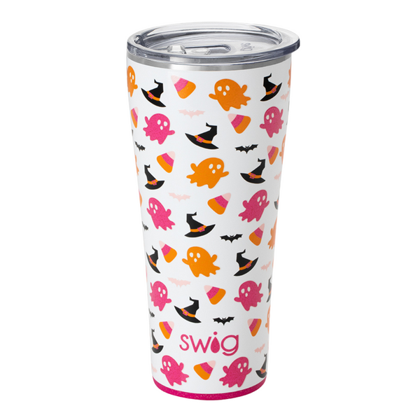 Hey boo 32 oz tumbler cup. This cup is white with pink, orange, and black halloween decorations on it. The background of the picture is white.