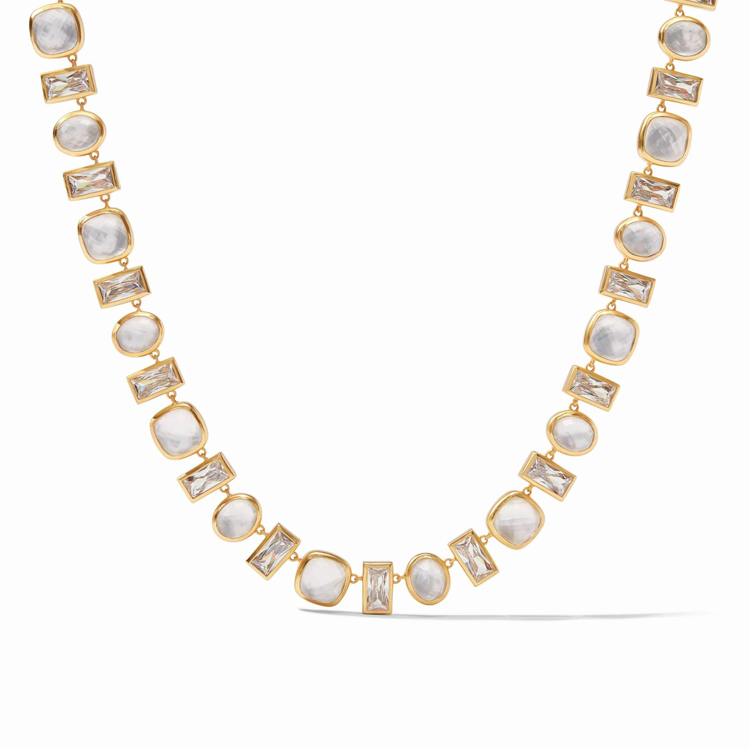 Gold necklace with clear, rectangle crystals and square, iridescent clear crystals linked together. This necklace is pictured on a white background. 
