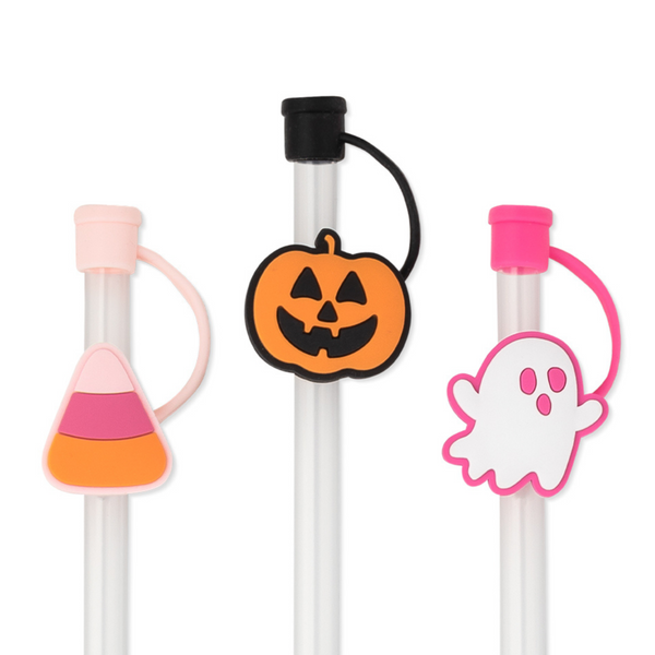 Pictured are three straws with each one having a Halloween themed topper. The toppers include a candy corn, a pumpkin, and a ghost. These toppers are pictured on a white background. 